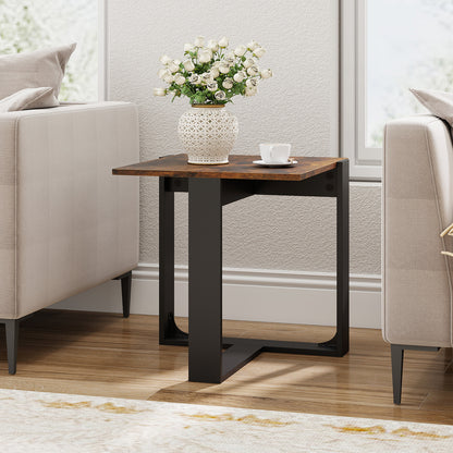 End Table Square Side Table with T-Shaped Metal Base Industrial Nightstand-Rustic Brown