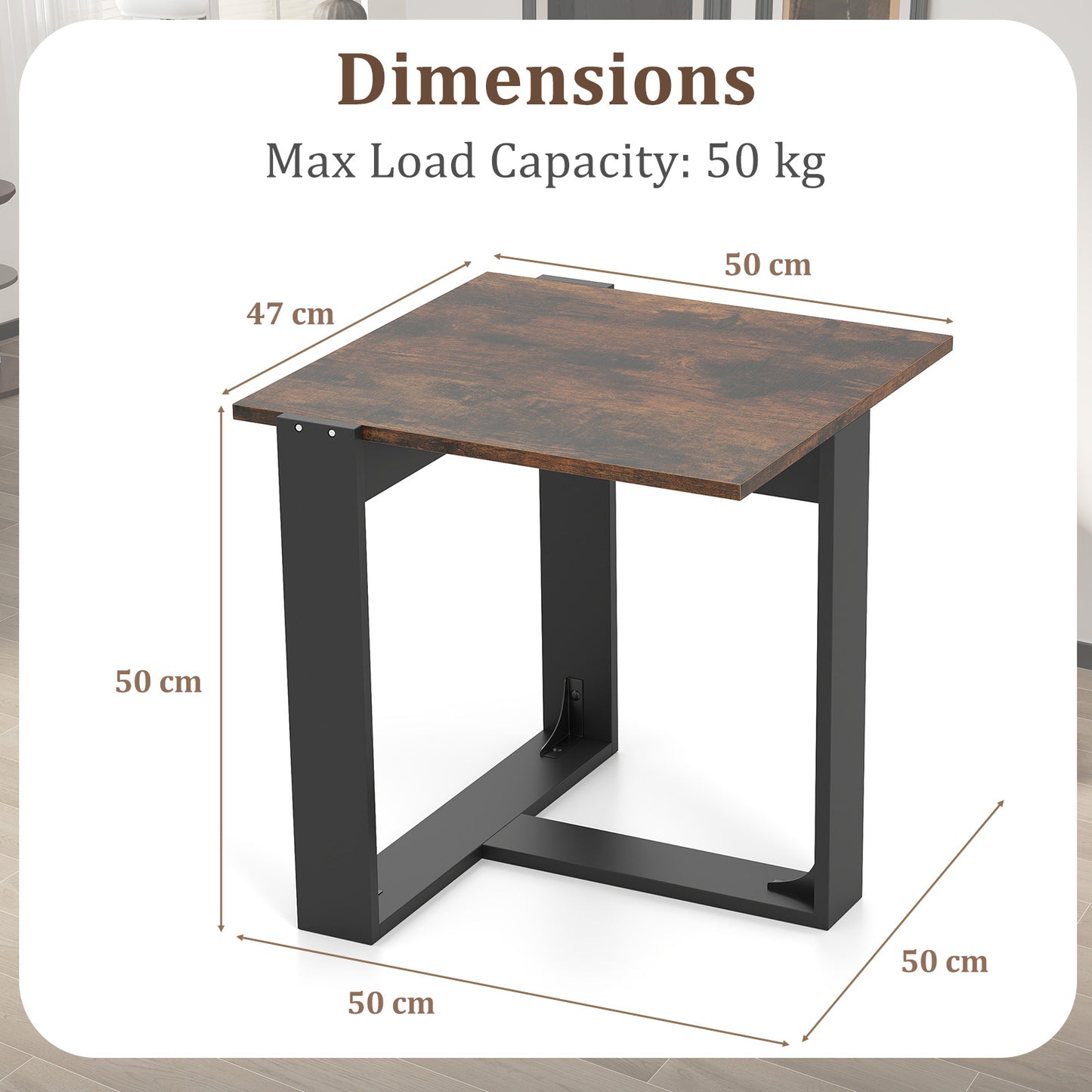 End Table Square Side Table with T-Shaped Metal Base Industrial Nightstand-Rustic Brown