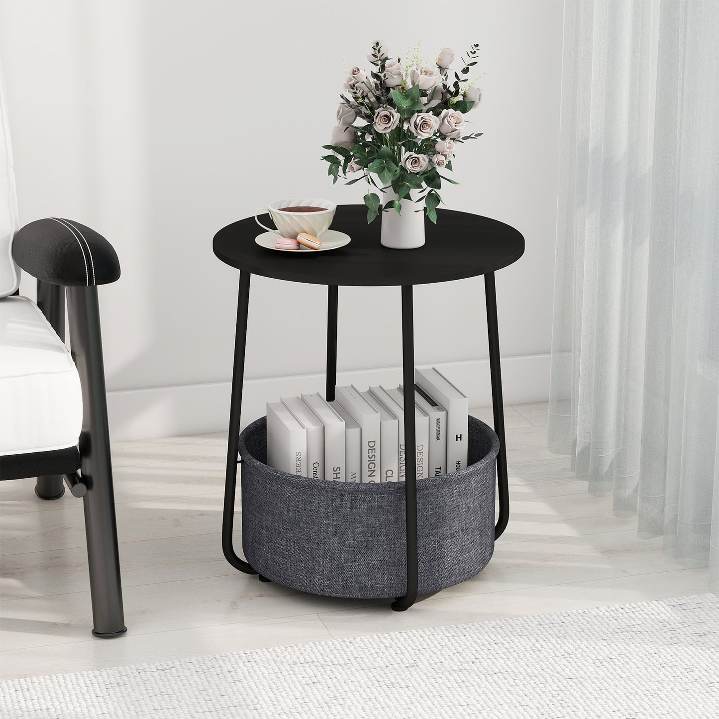 2-Tier End Table with Fabric Storage Basket and Metal Frame-Black