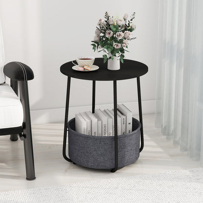 2-Tier End Table with Fabric Storage Basket and Metal Frame-Black
