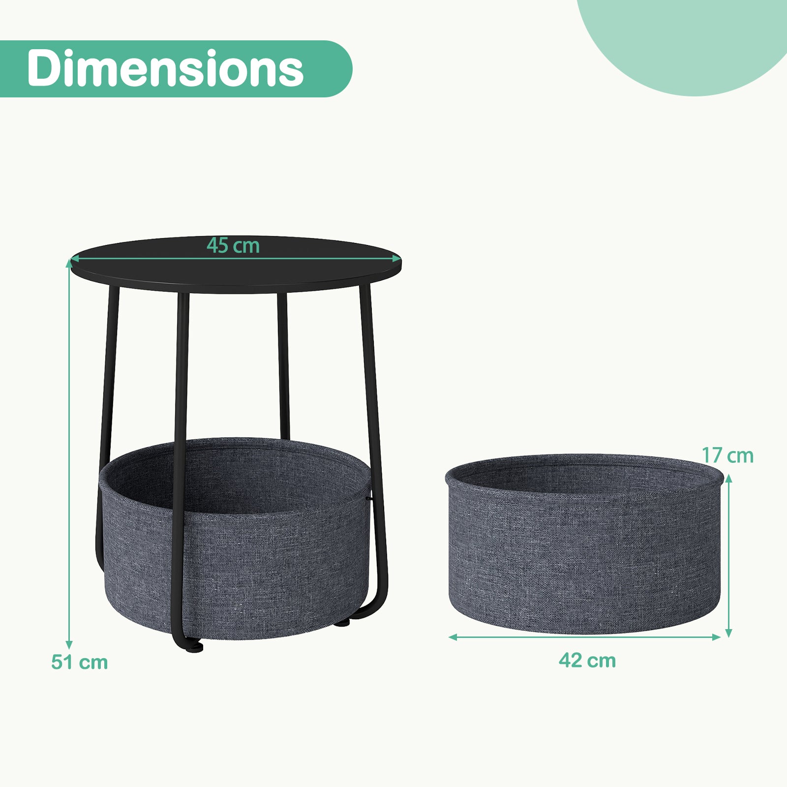 2-Tier End Table with Fabric Storage Basket and Metal Frame-Black