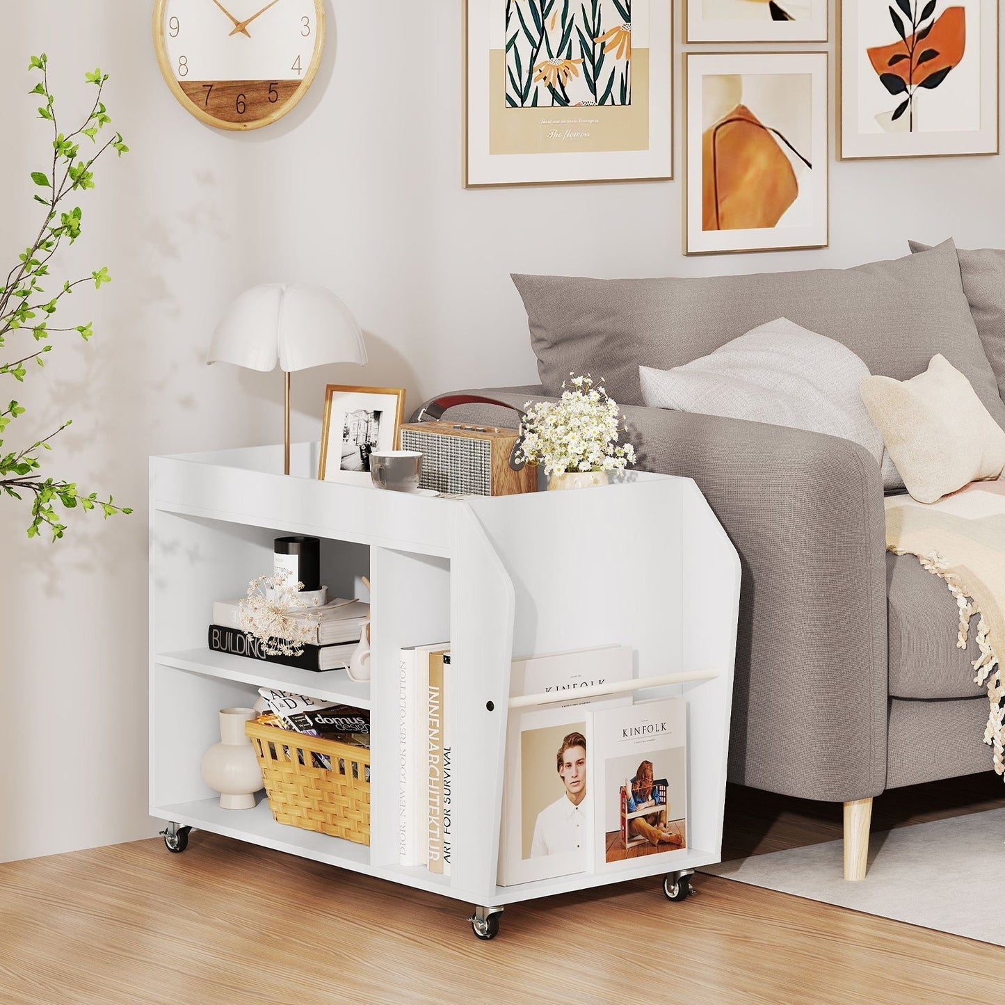 3-Tier Side End Table Rolling Nightstand with Universal Wheels-White