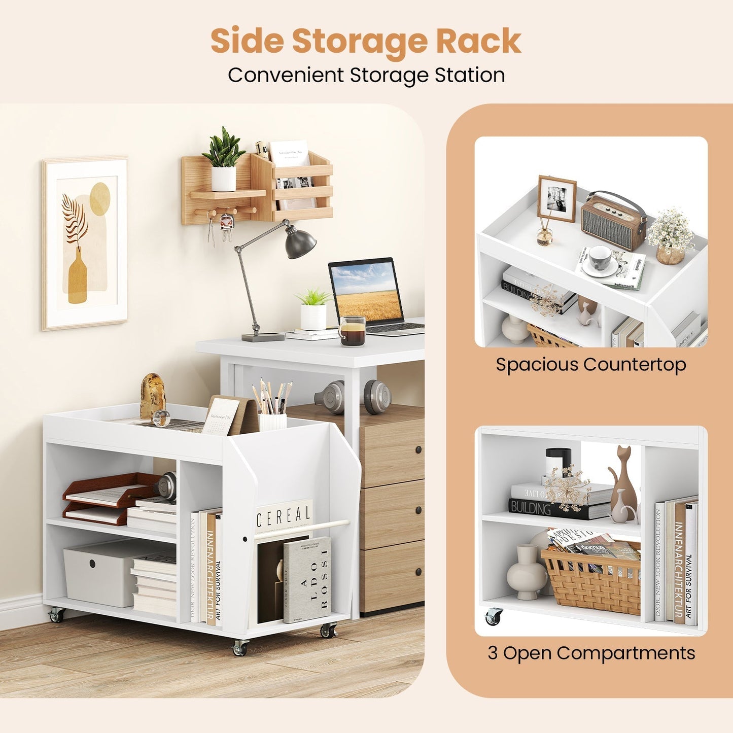 3-Tier Side End Table Rolling Nightstand with Universal Wheels-White