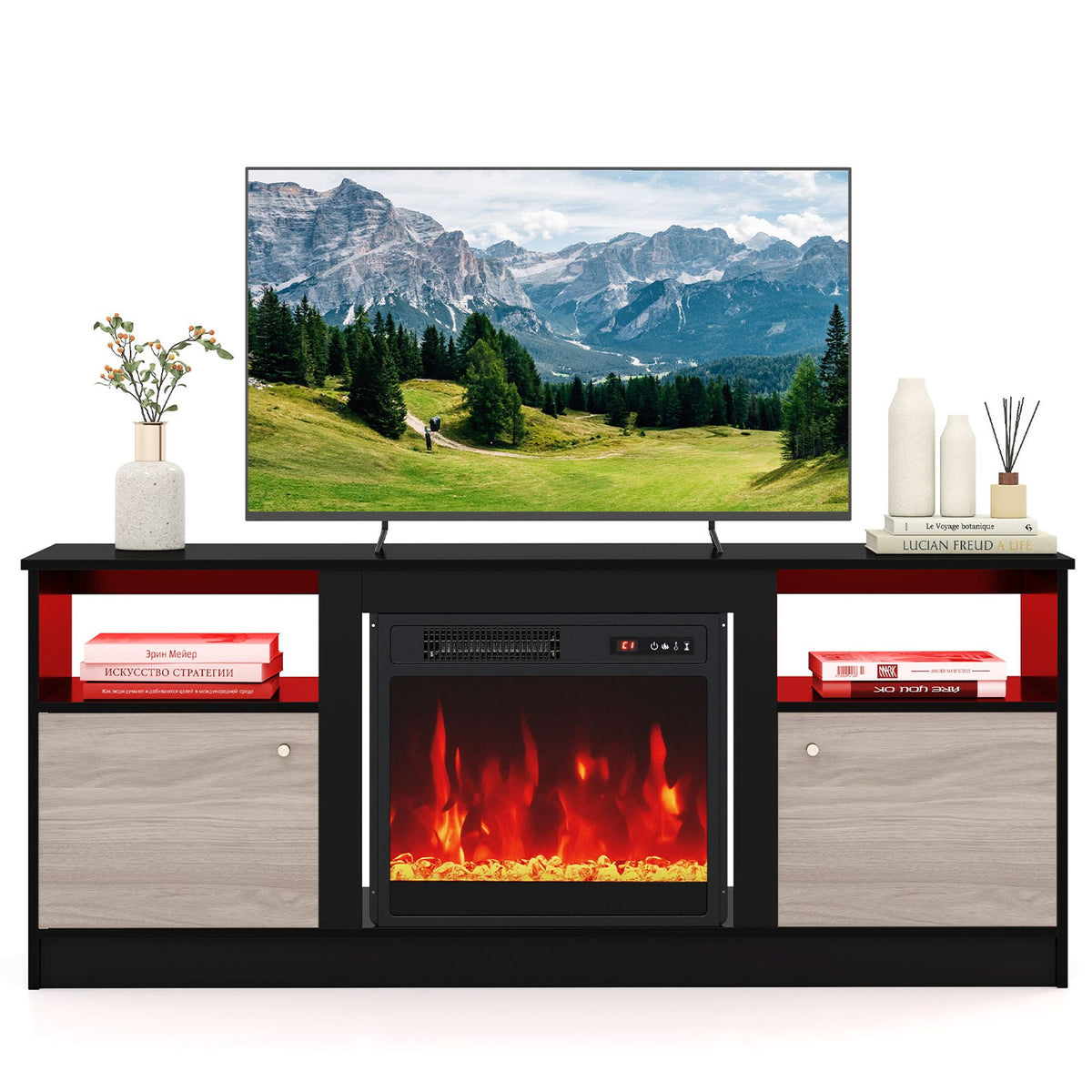 Entertainment Center with 18" Electric Fireplace and Open & Enclosed Storage