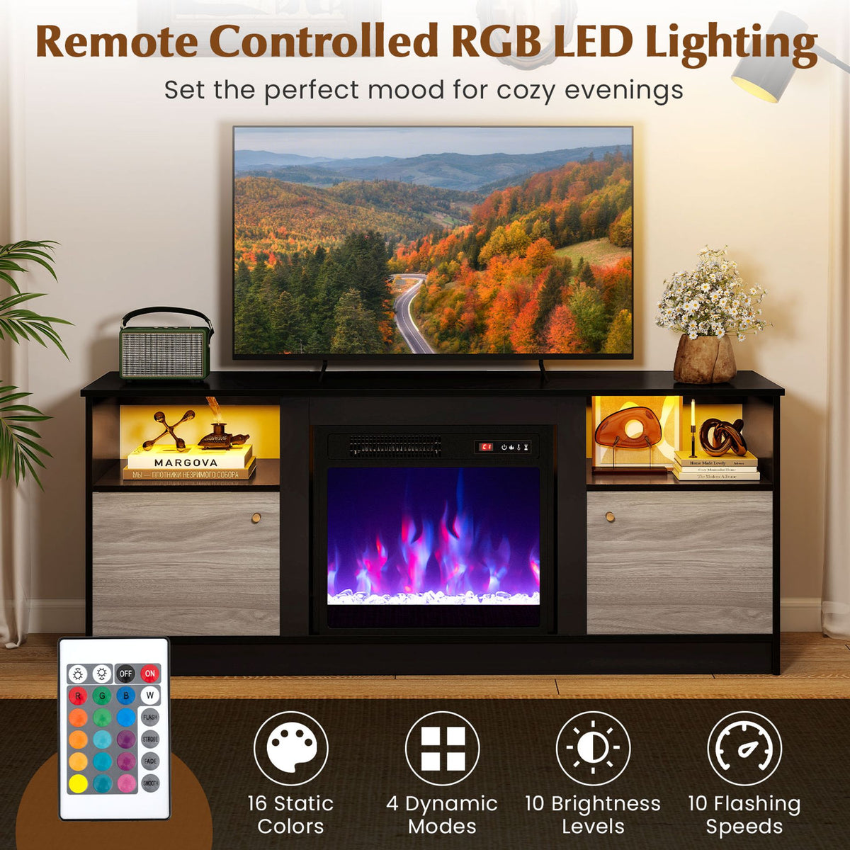 Entertainment Center with 18" Electric Fireplace and Open & Enclosed Storage