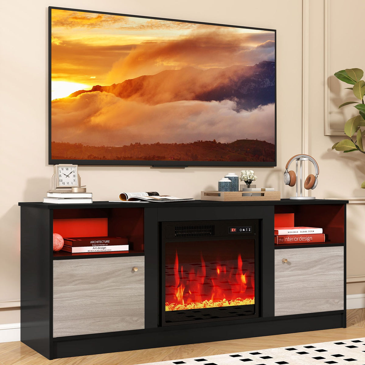 Entertainment Center with 18" Electric Fireplace and Open & Enclosed Storage