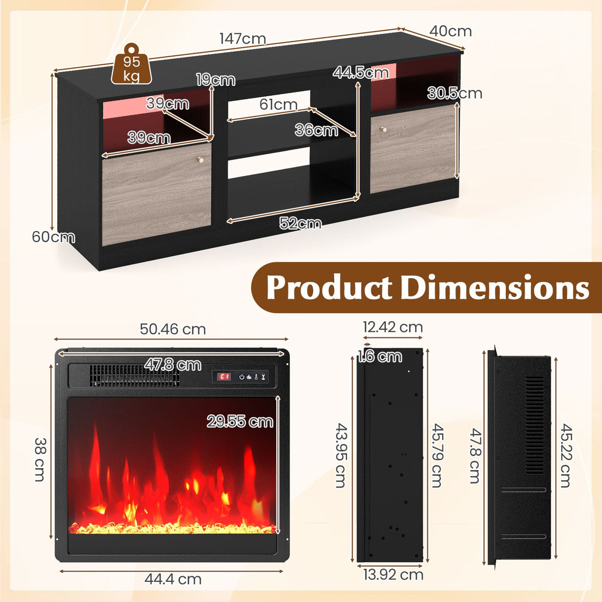 Entertainment Center with 18" Electric Fireplace and Open & Enclosed Storage