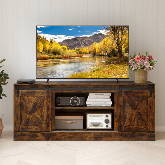 Entertainment Center with Sliding Barn Doors and Adjustable Shelves-Rustic Brown