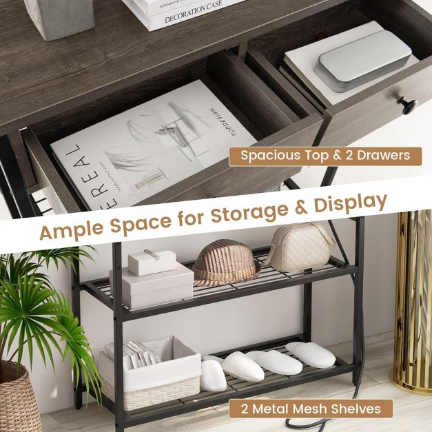 Entryway Narrow Console Table with Charging Station-Grey