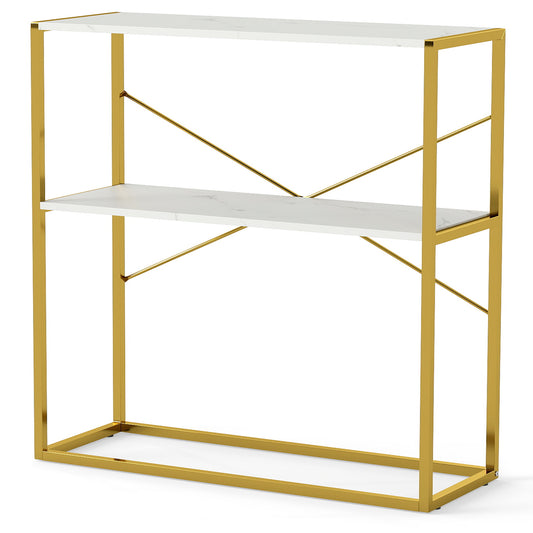 2-Tier Entryway Table with Marble Textured Open Shelves and Metal Frame-White &amp; Golden