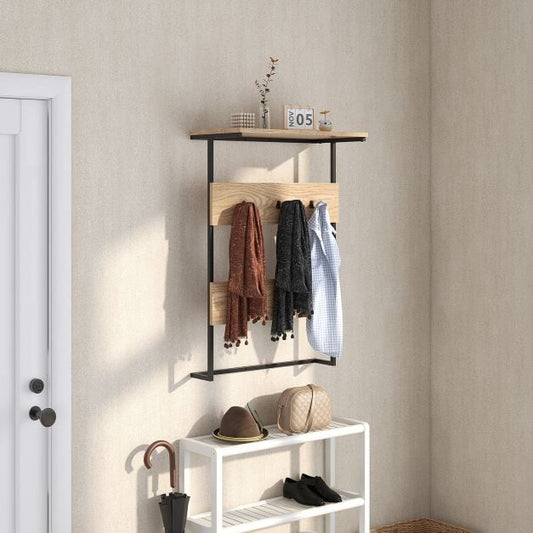 Entryway Wall Coat Rack with 6 Hooks and Display Shelf-Natural