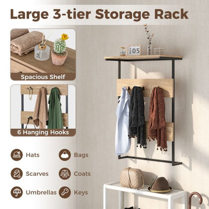 Entryway Wall Coat Rack with 6 Hooks and Display Shelf-Natural