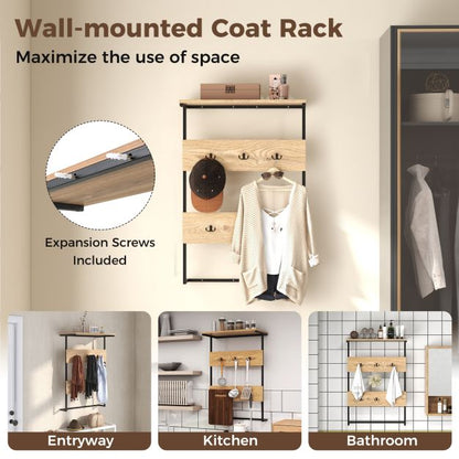 Entryway Wall Coat Rack with 6 Hooks and Display Shelf-Natural