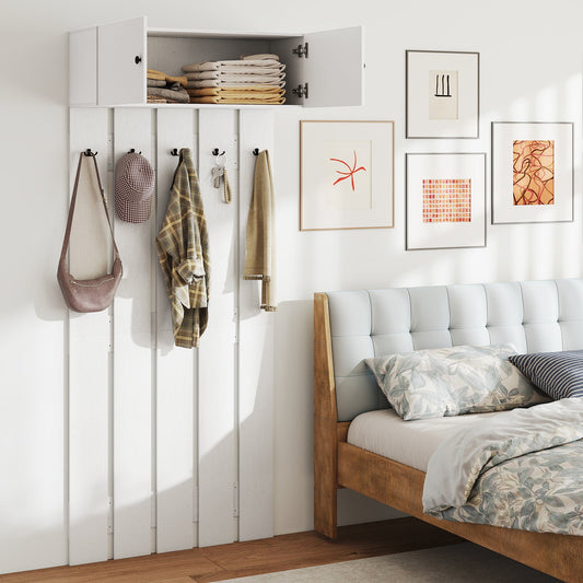 Entryway Wall Mounted Coat Rack Coat Rack with 5 Double Hooks and 2-Door Cabinet-White