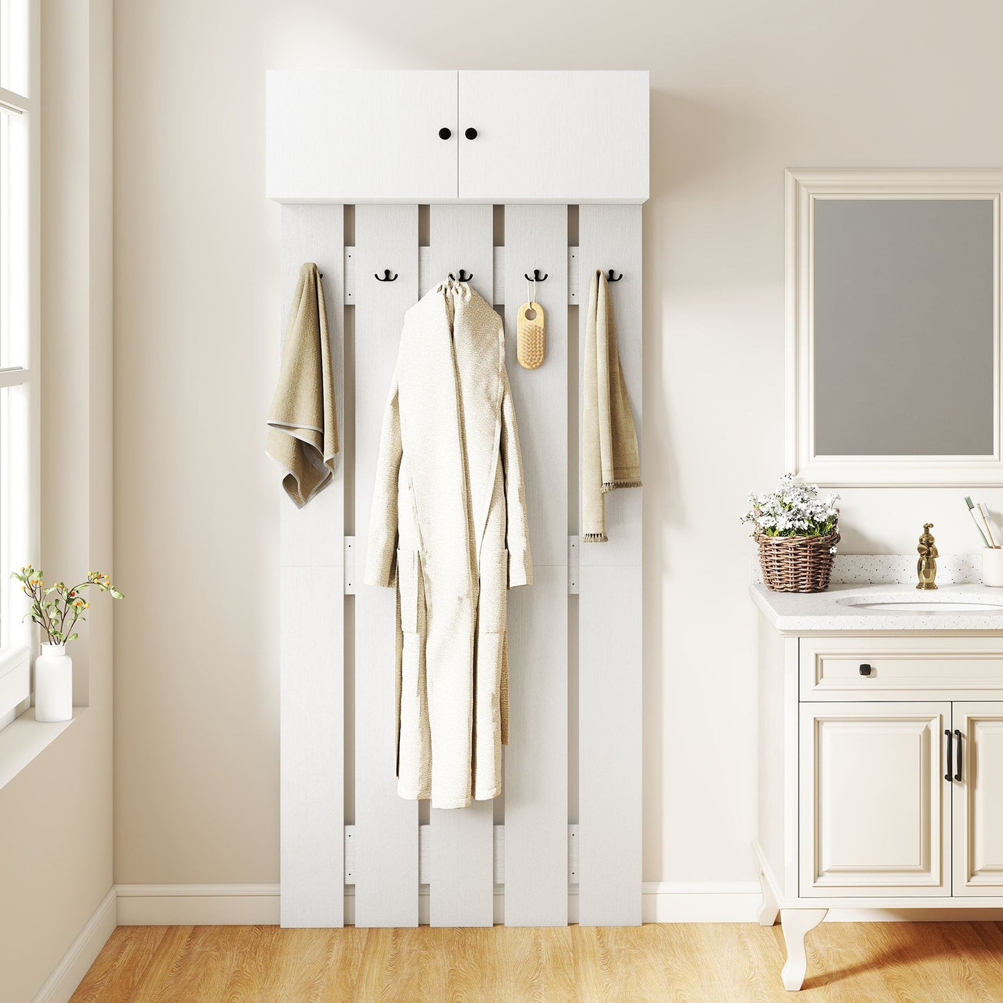Entryway Wall Mounted Coat Rack Coat Rack with 5 Double Hooks and 2-Door Cabinet-White