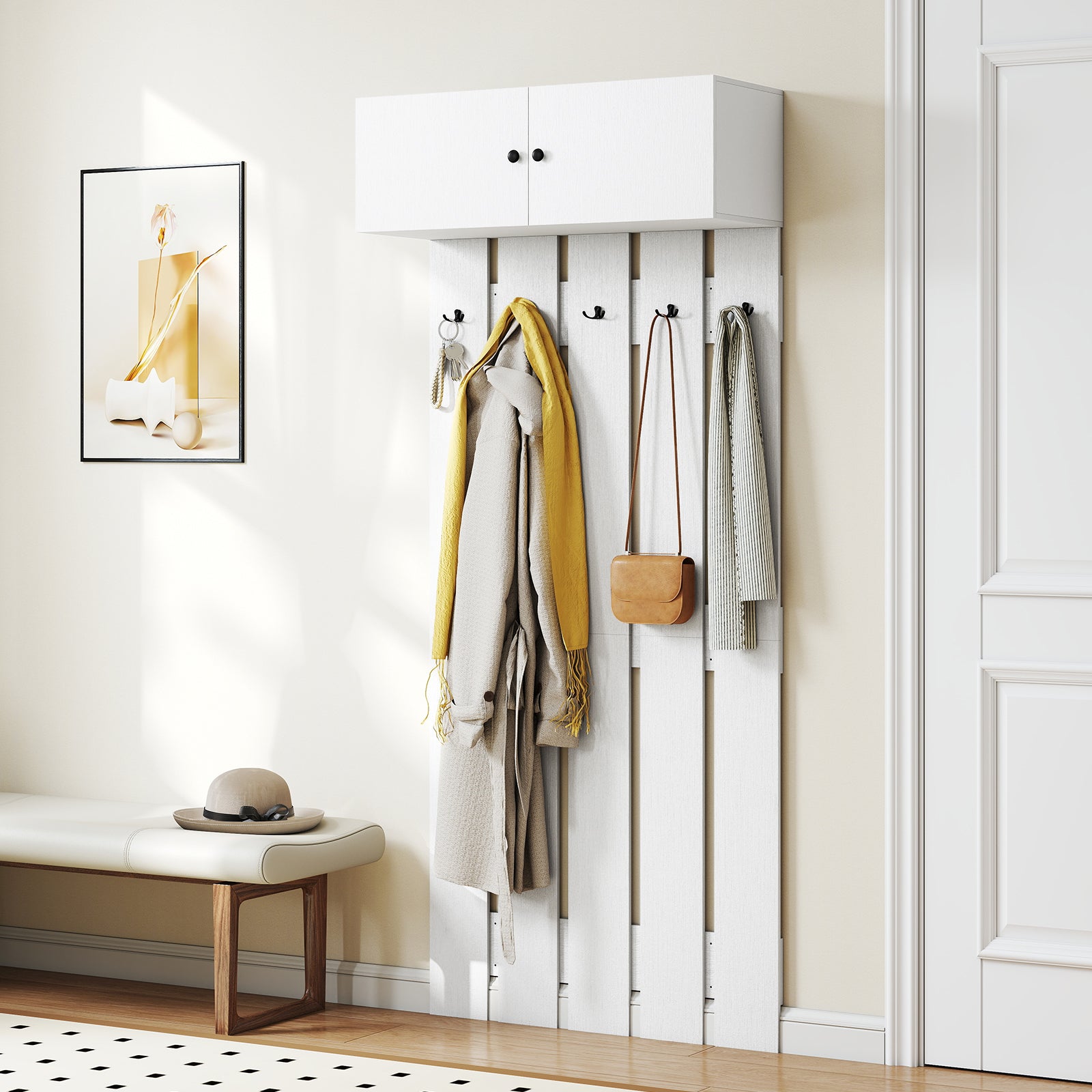 Entryway Wall Mounted Coat Rack Coat Rack with 5 Double Hooks and 2-Door Cabinet-White