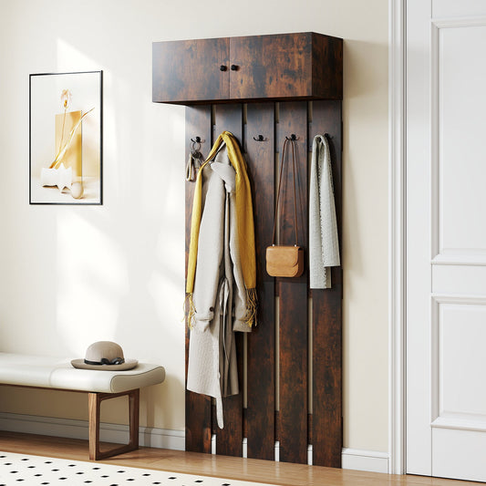 Entryway Wall Mounted Coat Rack Coat Rack with 5 Double Hooks and 2-Door Cabinet-Coffee