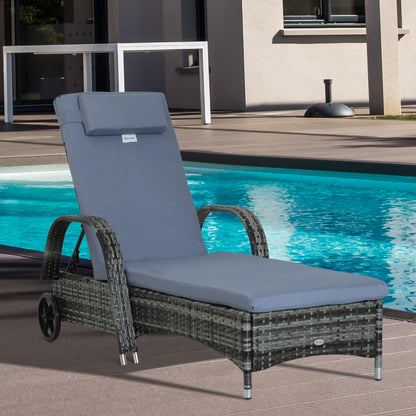 Outsunny Garden Rattan Furniture Pojedynczy leżak ogrodowy z funkcją rozkładania Fotel ogrodowy z plecionki z wikliny Regulowany zagłówek z ognioodporną poduszką - szary