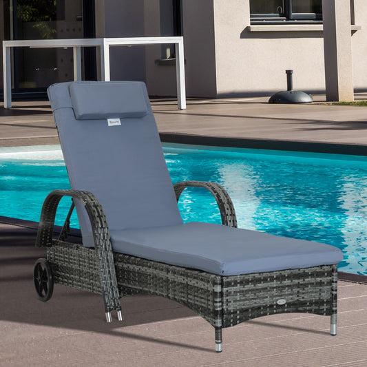 Outsunny Garden Rattan Furniture Pojedynczy leżak ogrodowy z funkcją rozkładania Fotel ogrodowy z plecionki z wikliny Regulowany zagłówek z ognioodporną poduszką - szary