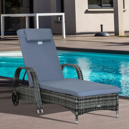 Outsunny Garden Rattan Furniture Single Sun Lounger Recliner Bed Reclining Chair Patio Outdoor Wicker Weave Adjustable Headrest with Fire Retardant Cushion - Grey
