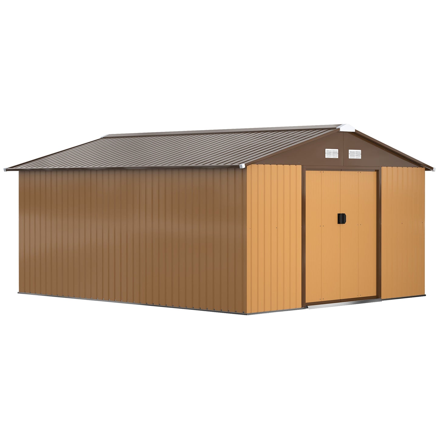 Outsunny 13 x 11ft Metal Garden Shed, Outdoor Storage Tool House with Ventilation Slots, Foundation Kit and Lockable Double Doors, Yellow