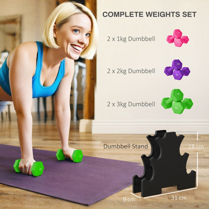 SPORTNOW 2 x 1kg, 2 x 2kg, 2 x 3kg Dumbbells Set with Dumbbell Rack, Hand Weights for Home Gym Training