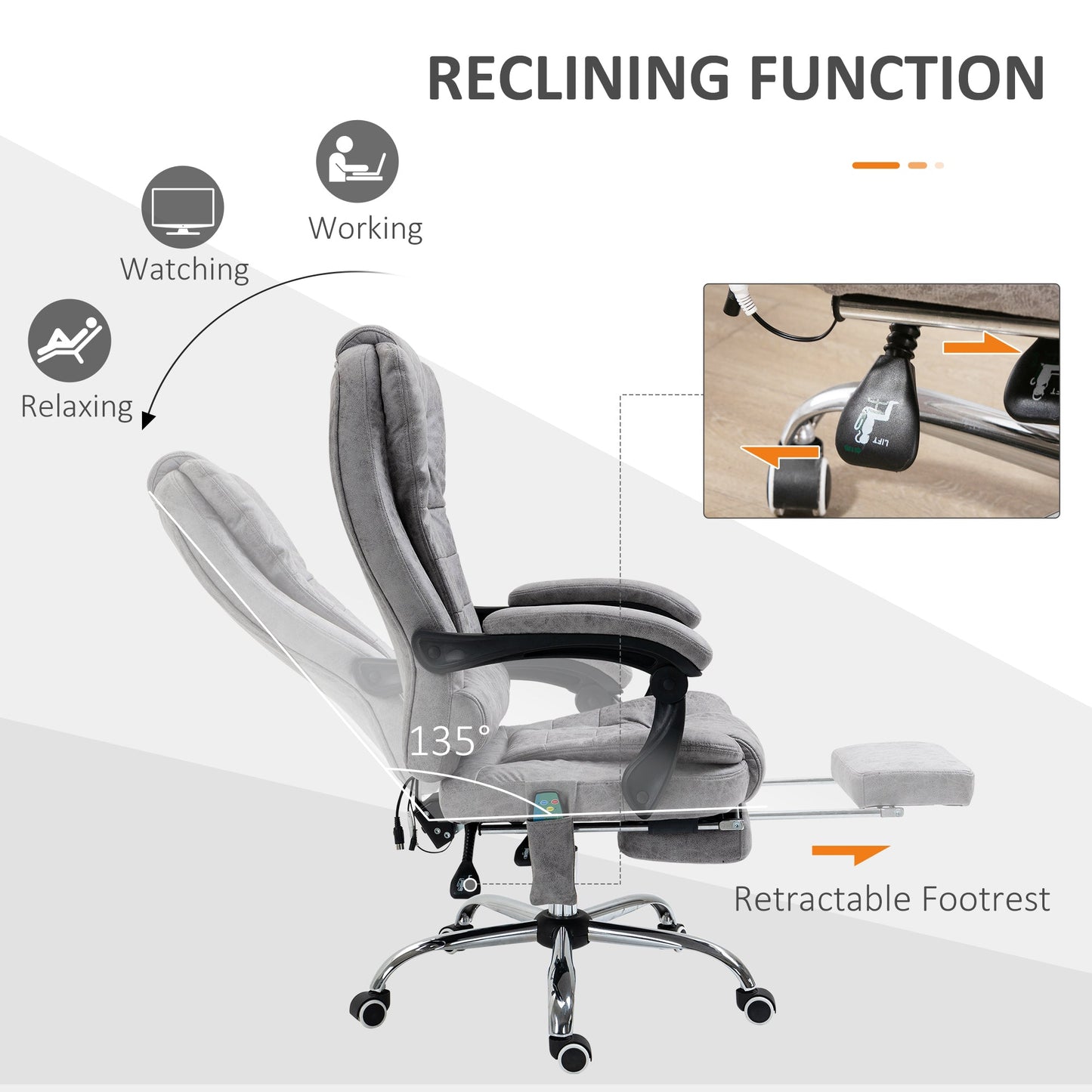 Vinsetto Heated 6 Points Vibration Massage Executive Office Chair Adjustable Swivel Ergonomic High Back Desk Chair Recliner with Footrest Grey