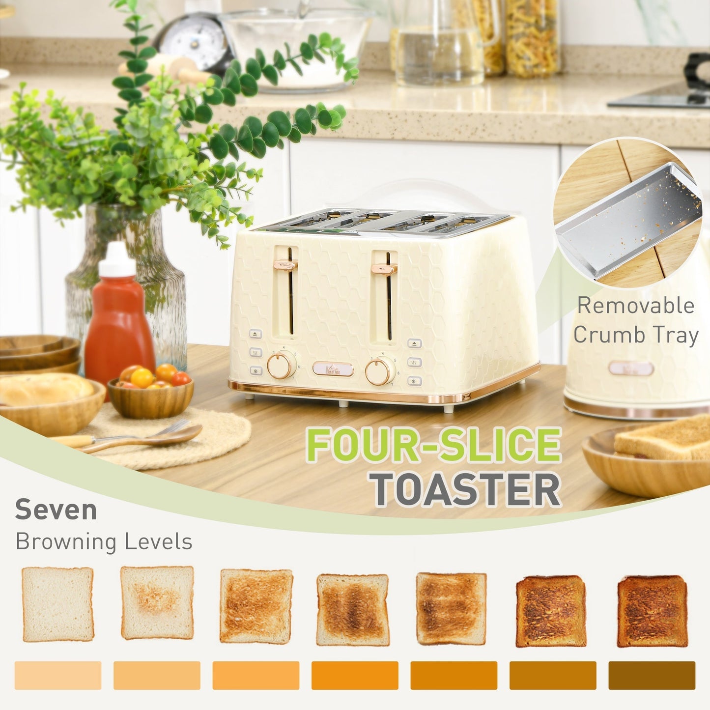 HOMCOM Kettle and Toaster Set, 1.7L 3000W Fast Boil Jug Kettle, 4 Slice Toaster with 7 Level Browning Controls, Beige