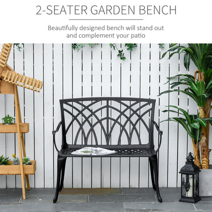 Outsunny 2-osobowa ławka ogrodowa z odlewu aluminiowego Loveseat Outdoor Furniture Chair z dekoracyjnym oparciem i ergonomicznym podłokietnikiem na patio, taras lub werandę