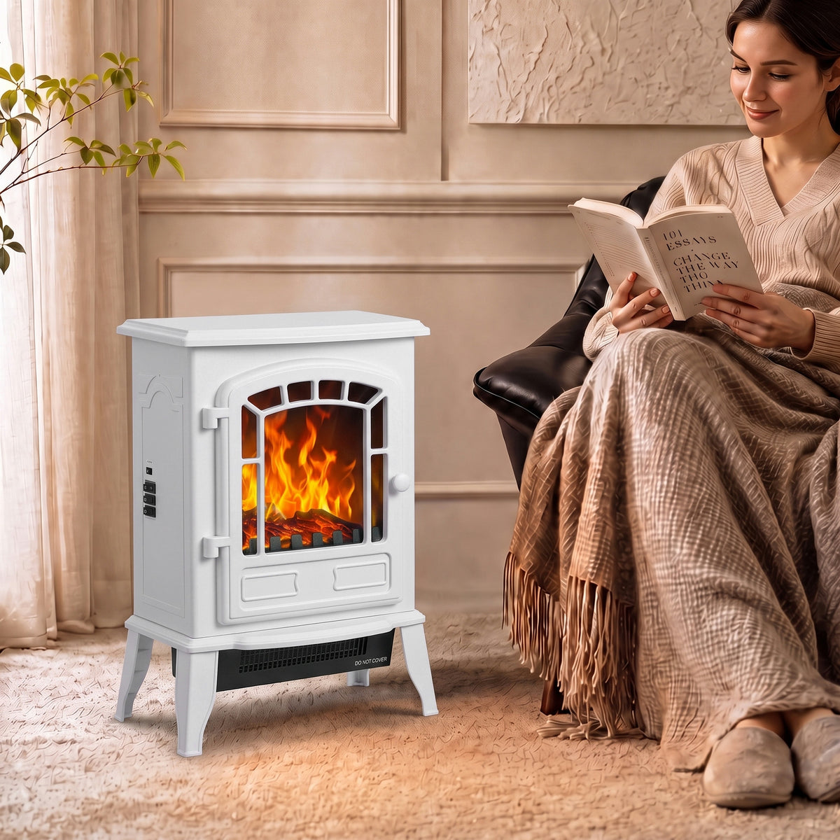 HOMCOM Electric Fireplace Stove, 1000W/2000W, Freestanding Electric Fire with LED Flame Effect, Adjustable Thermostat, White