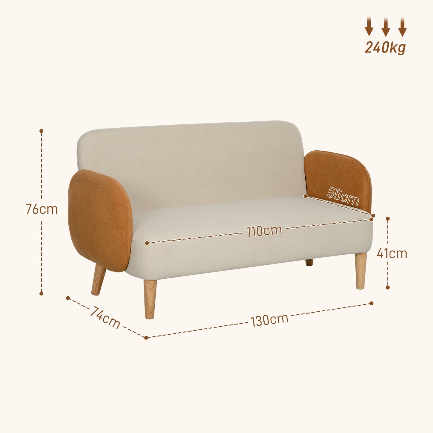 Dwuosobowa sofa HOMCOM w stylu mid-century z aksamitu – kremowo-pomarańczowa