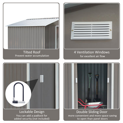Outsunny 9 x 6FT Outdoor Garden Roofed Metal Storage Shed Tool Box z wentylacją fundamentową i drzwiami Jasny, szary