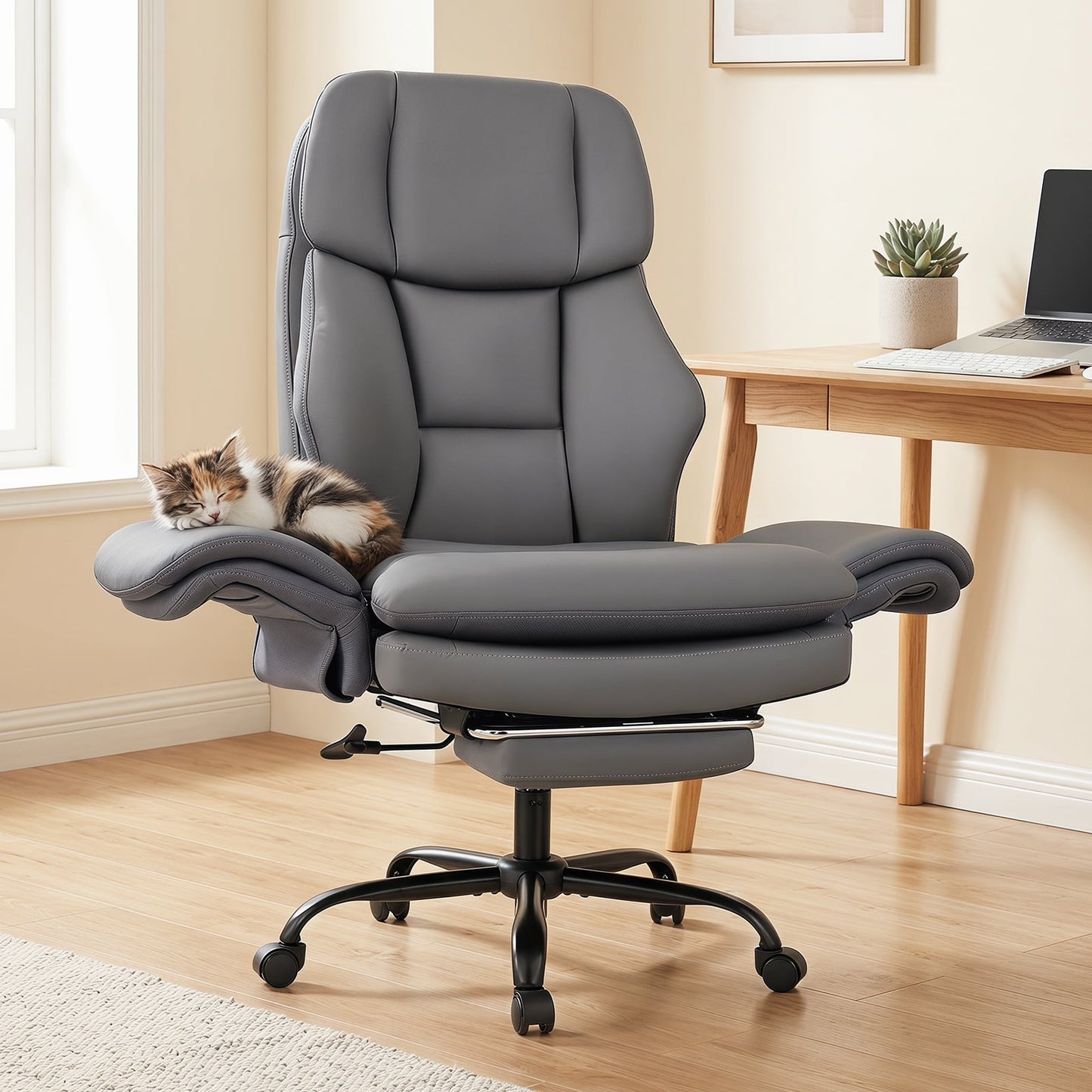 Ergonomic Cross Legged Office Chair with Retractable Footrest Adjustable Armrests for Home Office-Grey