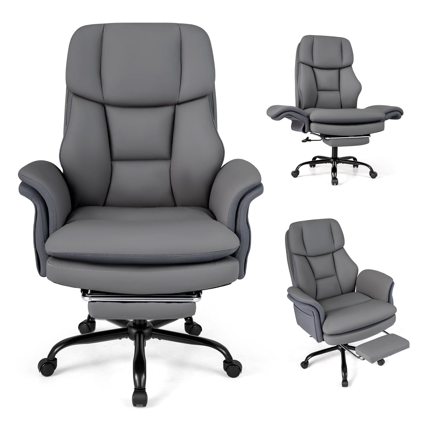 Ergonomic Cross Legged Office Chair with Retractable Footrest Adjustable Armrests for Home Office-Grey