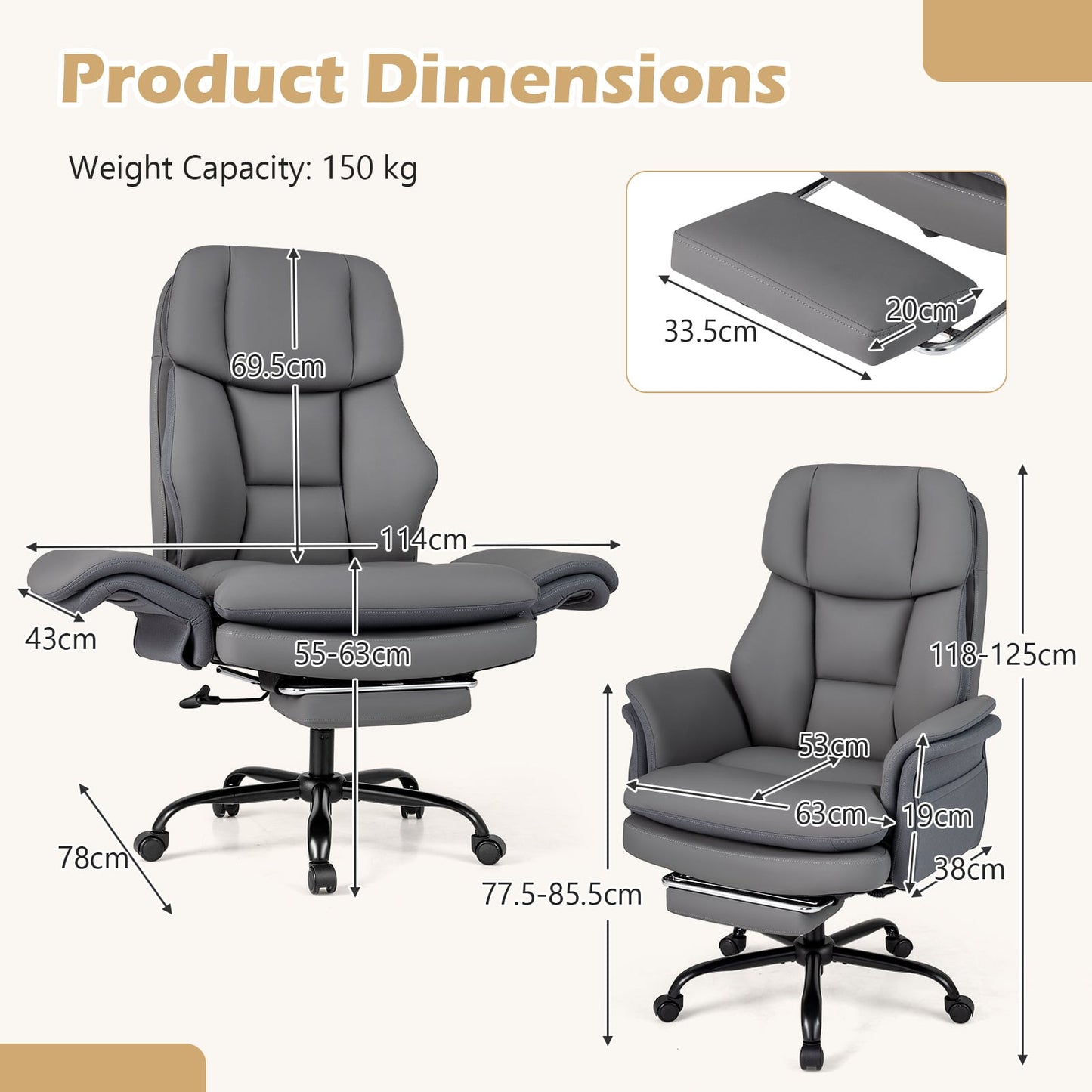 Ergonomic Cross Legged Office Chair with Retractable Footrest Adjustable Armrests for Home Office-Grey