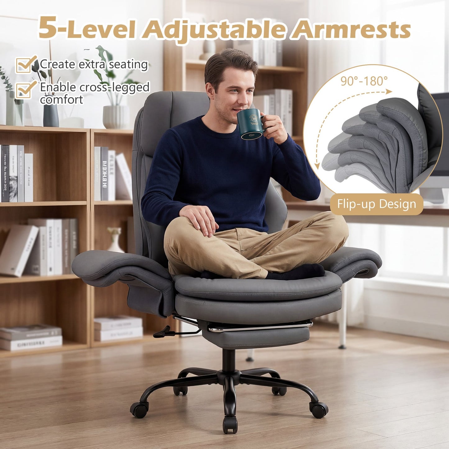 Ergonomic Cross Legged Office Chair with Retractable Footrest Adjustable Armrests for Home Office-Grey