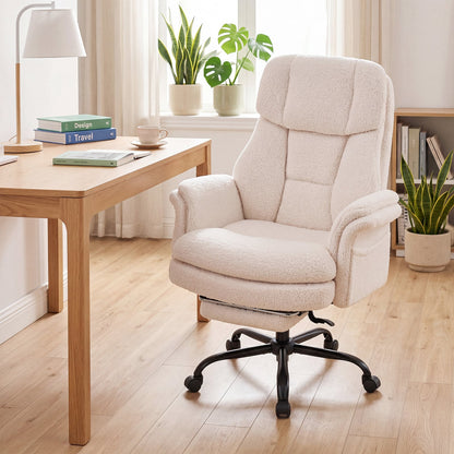 Ergonomic Cross Legged Office Chair with Retractable Footrest Adjustable Armrests for Home Office-White
