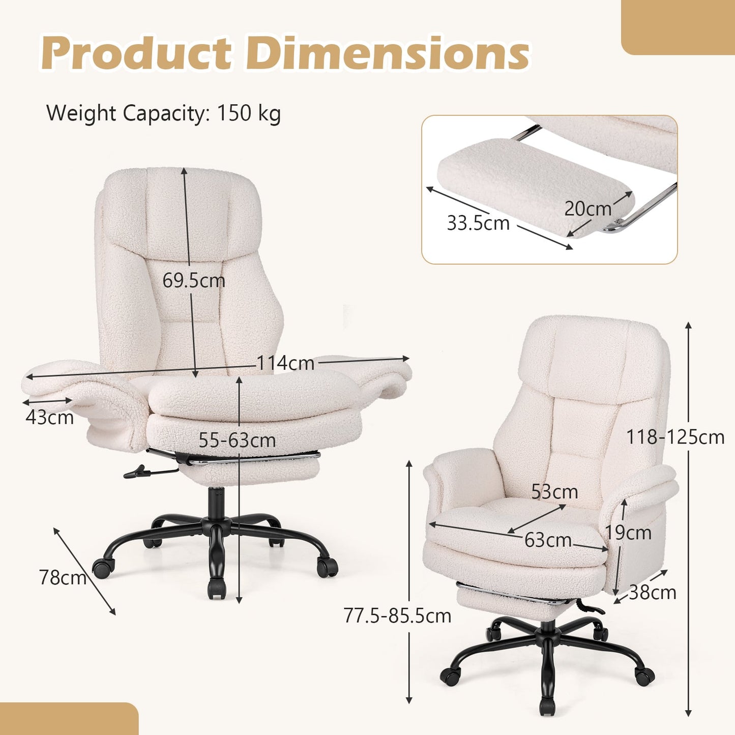 Ergonomic Cross Legged Office Chair with Retractable Footrest Adjustable Armrests for Home Office-White