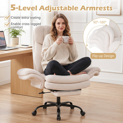 Ergonomic Cross Legged Office Chair with Retractable Footrest Adjustable Armrests for Home Office-White
