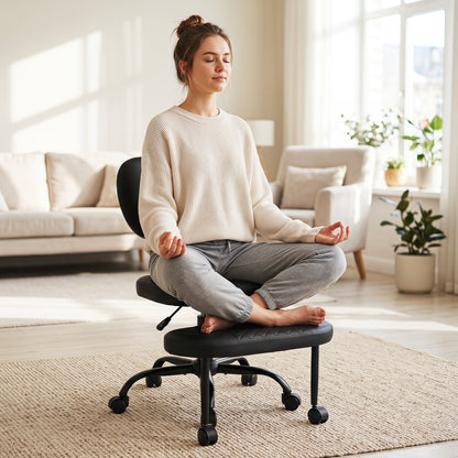 Ergonomic Cross Legged Office Chair with Wheels and Height-Adjustable Seat 360° Rotatable Footrest-Black