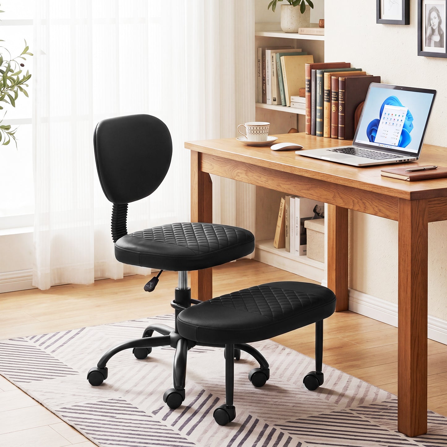 Ergonomic Cross Legged Office Chair with Wheels and Height-Adjustable Seat 360° Rotatable Footrest-Black