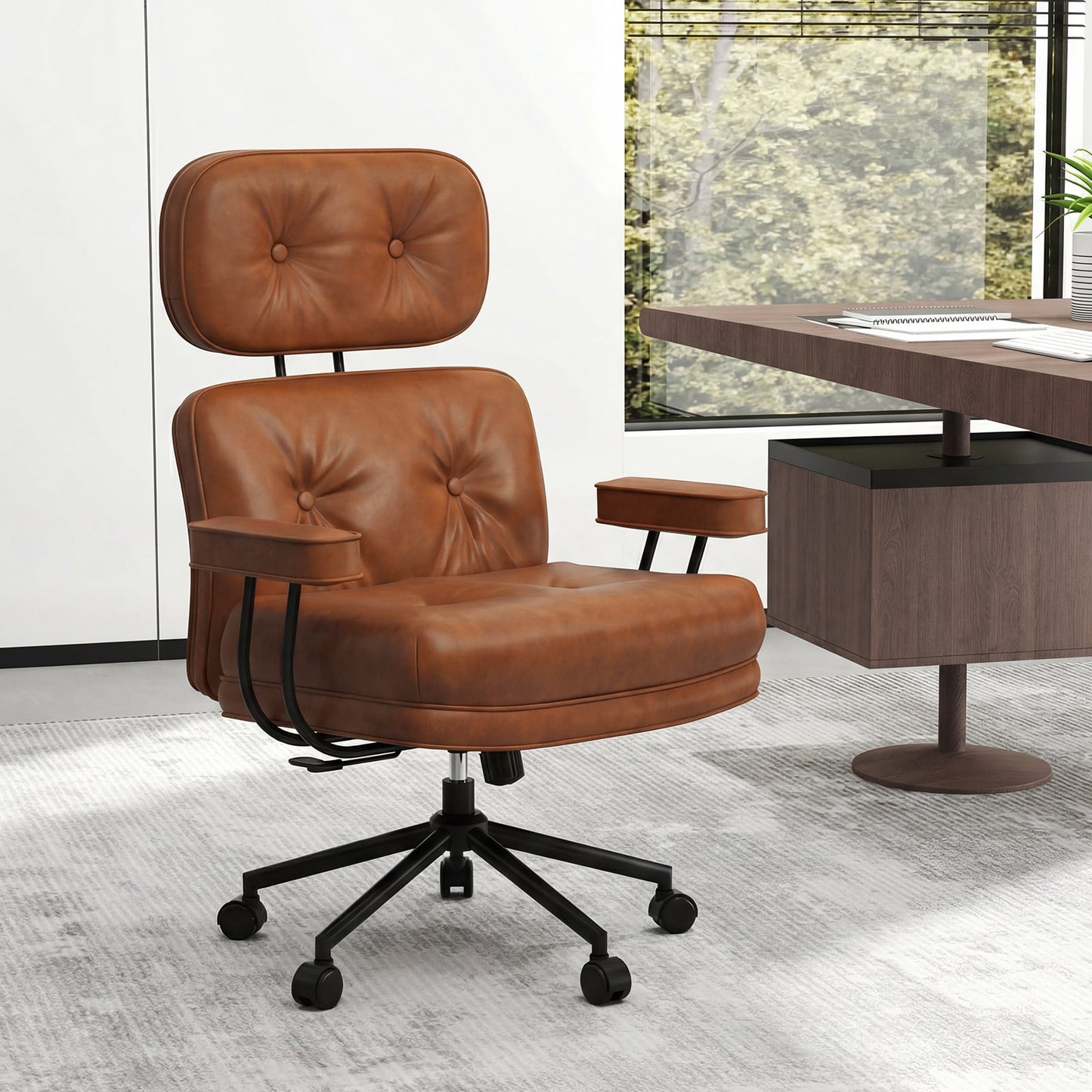 Ergonomic Home Office Chair Mid Century Modern Computer Desk Chair with Wide Tufted Seat-Brown