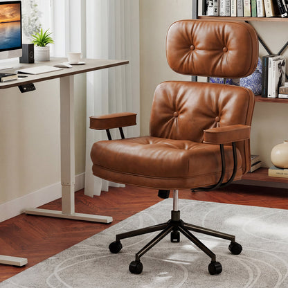 Ergonomic Home Office Chair Mid Century Modern Computer Desk Chair with Wide Tufted Seat-Brown