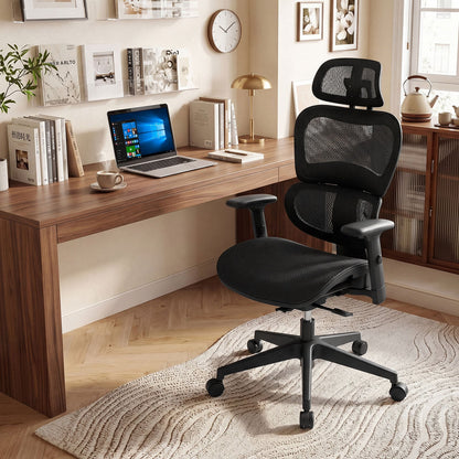 Ergonomic Mesh Office Chair with Lumbar Support & Adjustable Headrest Armrests-Black