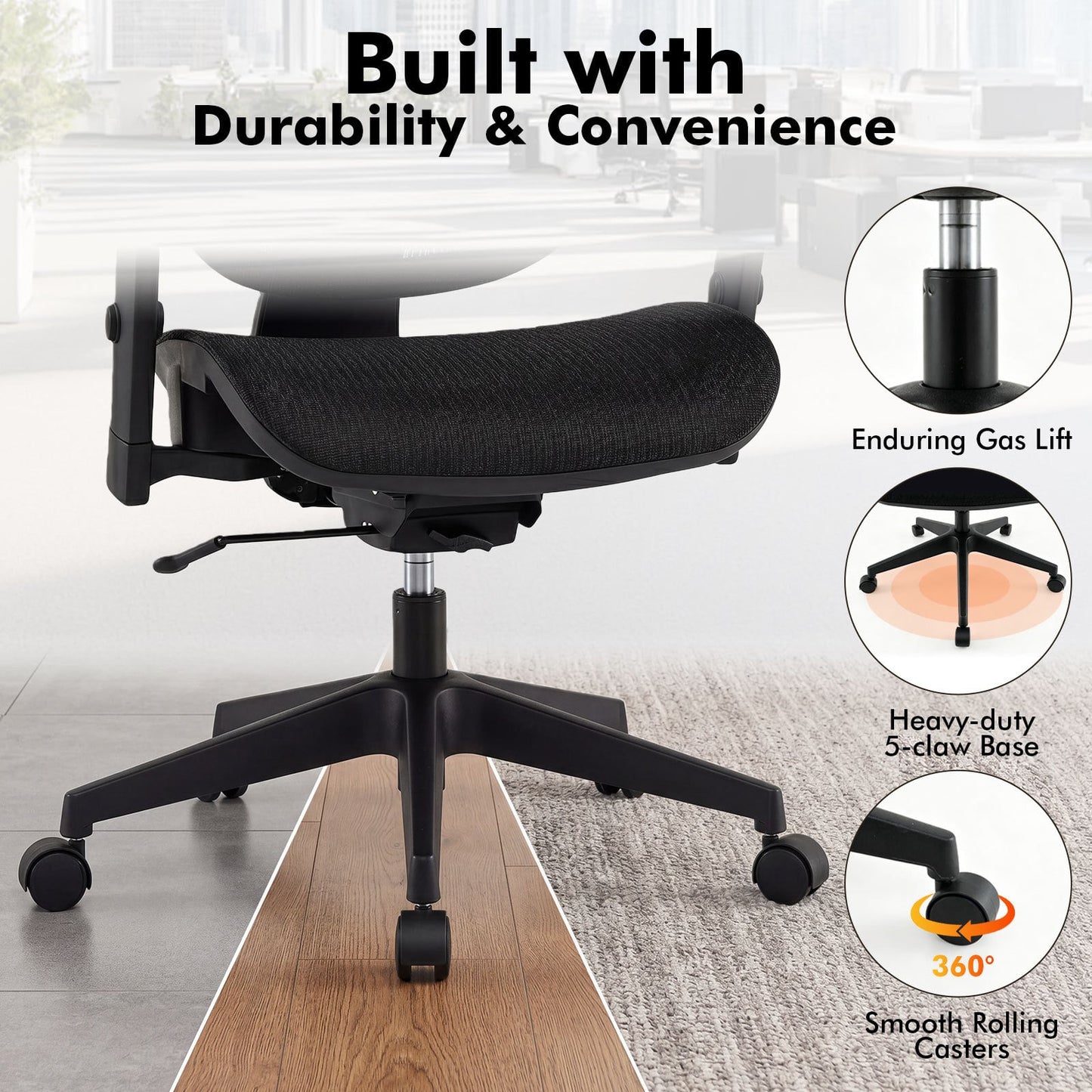 Ergonomic Mesh Office Chair with Lumbar Support & Adjustable Headrest Armrests-Black