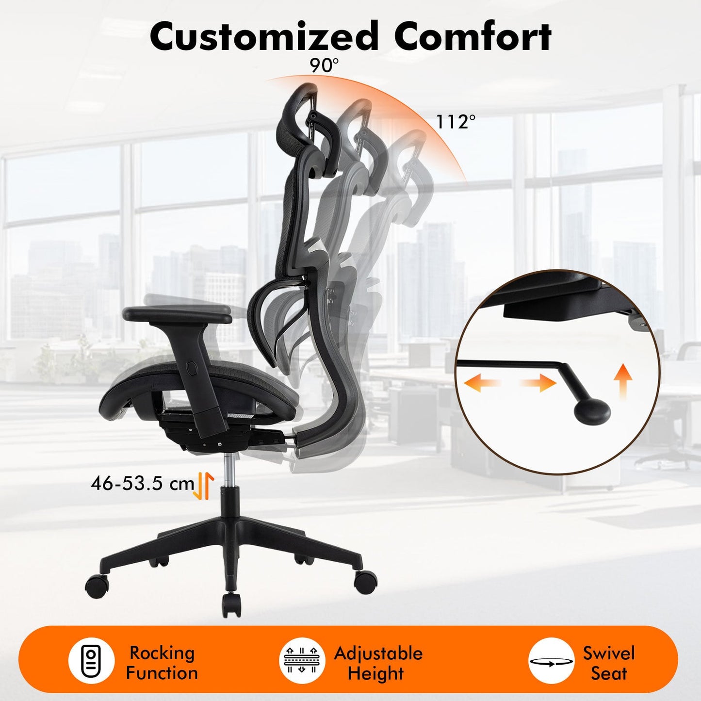 Ergonomic Mesh Office Chair with Lumbar Support & Adjustable Headrest Armrests-Black