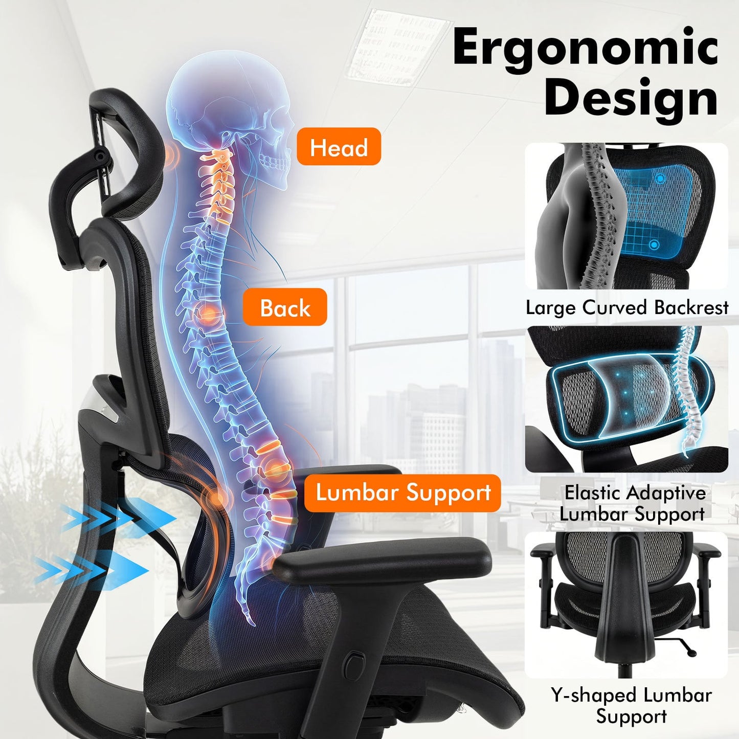 Ergonomic Mesh Office Chair with Lumbar Support & Adjustable Headrest Armrests-Black