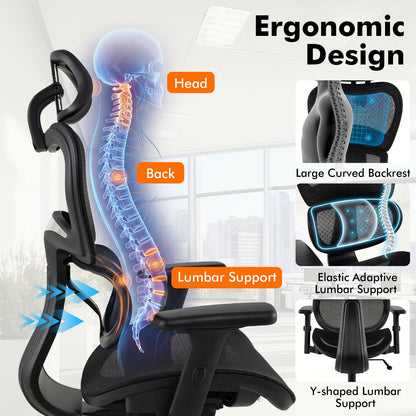 Ergonomic Mesh Office Chair with Lumbar Support & Adjustable Headrest Armrests-Black