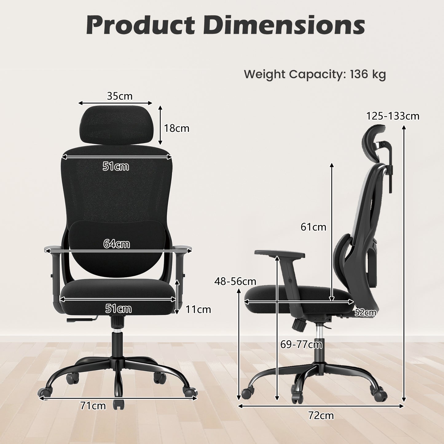 Ergonomic Office Chair with Headrest High Back Desk Chair-Black