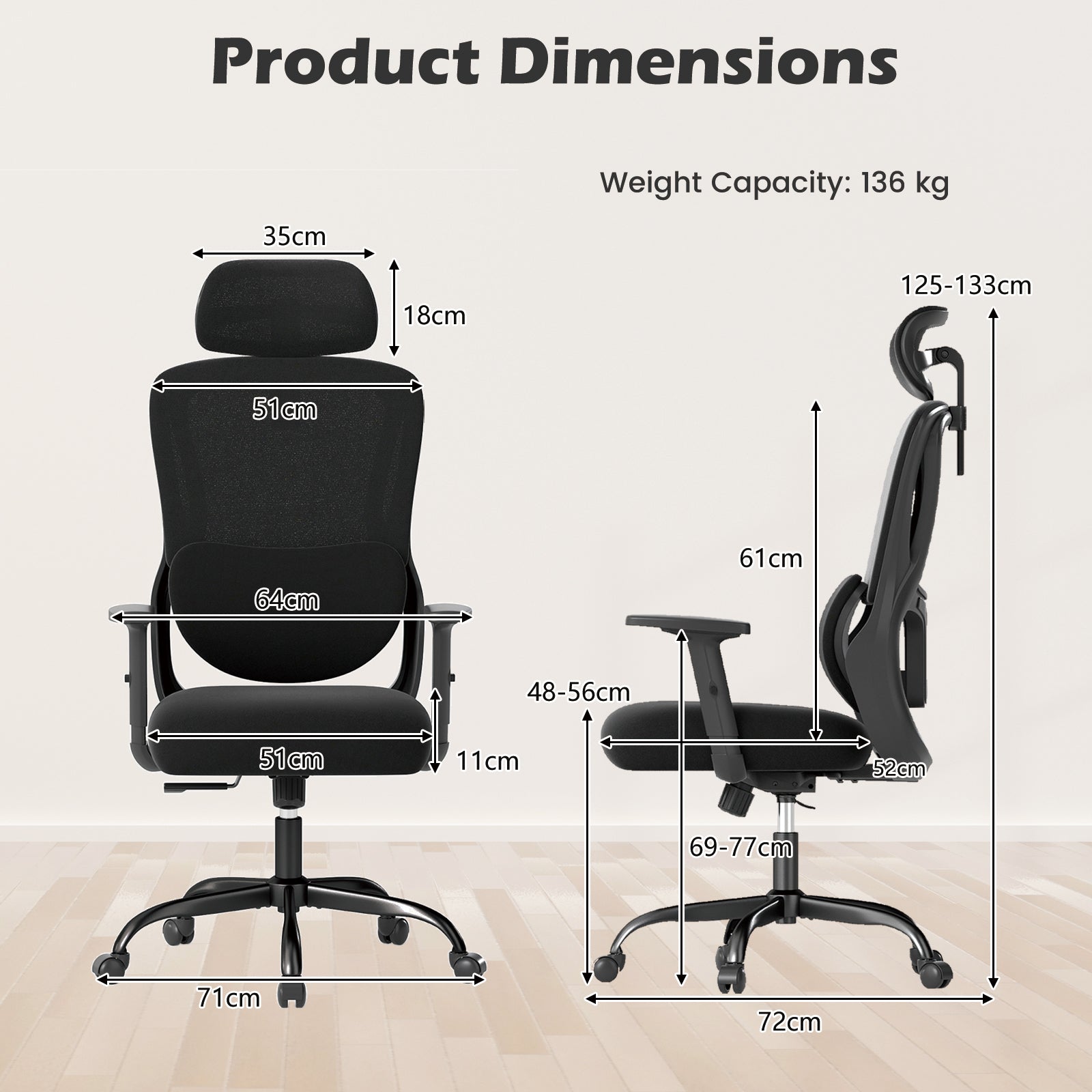 Ergonomic Office Chair with Headrest High Back Desk Chair-Black